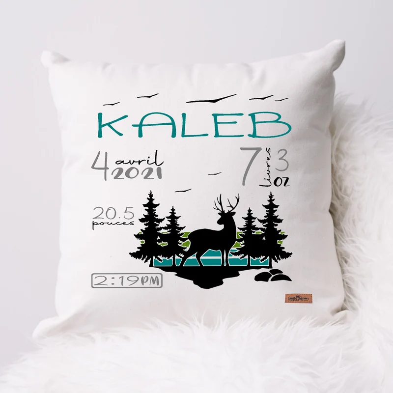 Coussin Statistiques de naissance - Carré - Blanc - CHEVREUIL NATURE FORÊT