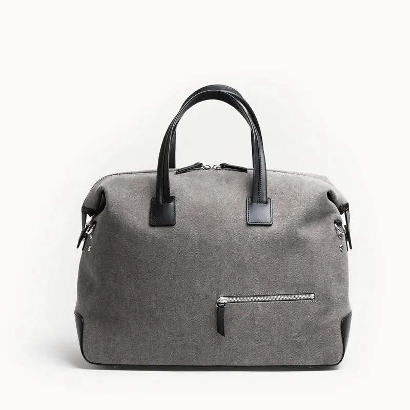 Sac de voyage 48h Femme ~ AUGUSTIN ~ Toile grise & cuir noir