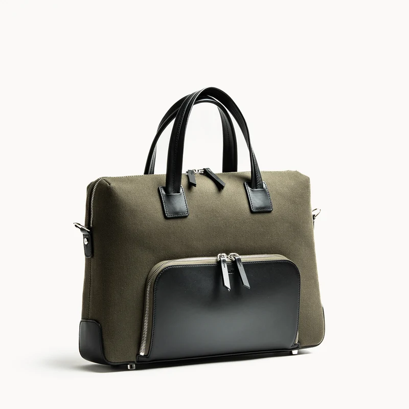 Porte-documents en toile et cuir ~ DANIEL - KAKI et NOIR