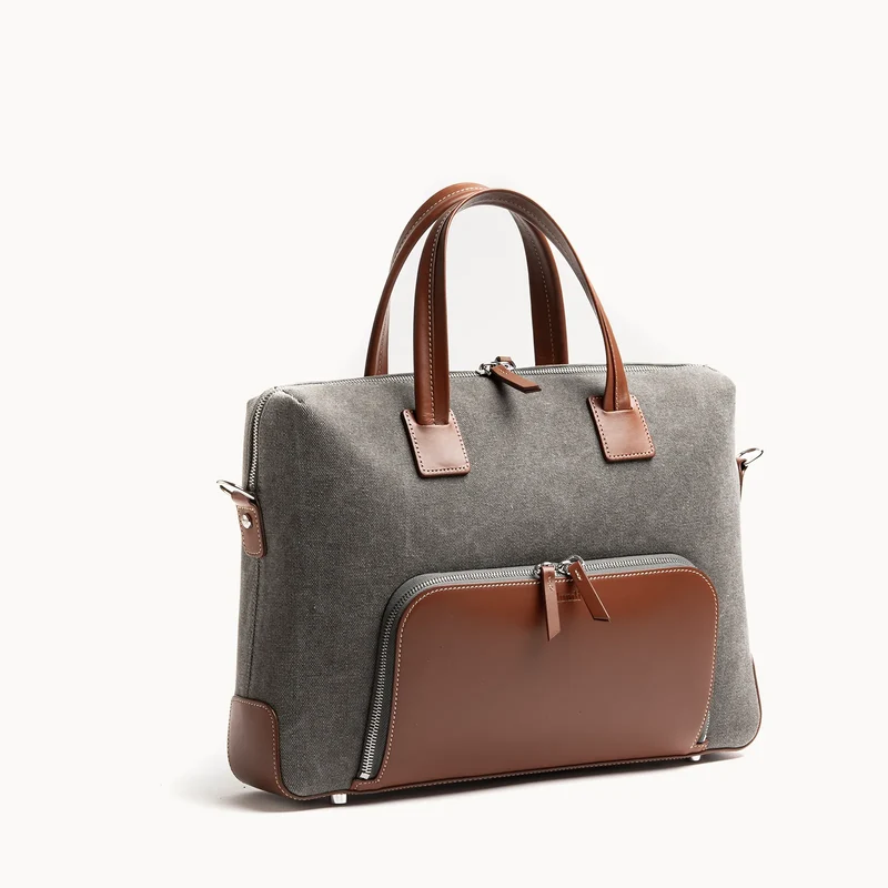 Porte-documents en toile et cuir ~ DANIEL - GRIS et COGNAC