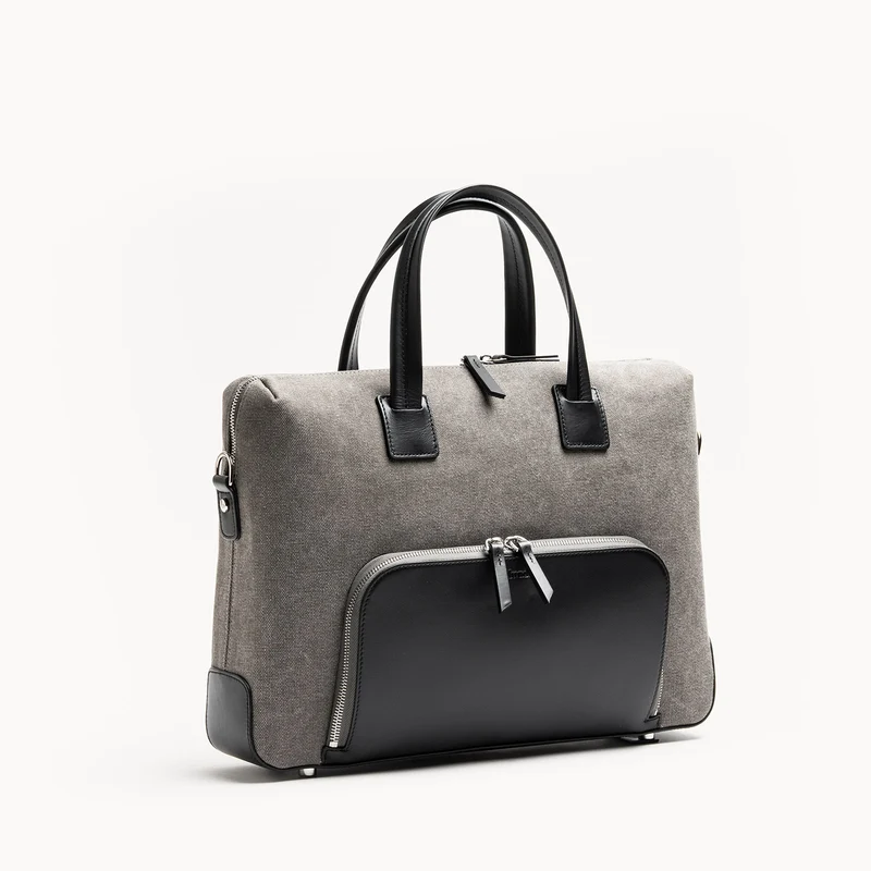 Porte documents en toile et cuir ~ DANIEL - GRIS et NOIR