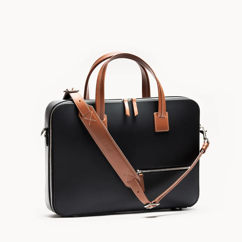 Porte-documents en cuir lisse ~ ALESSANDRO II - NOIR & COGNAC