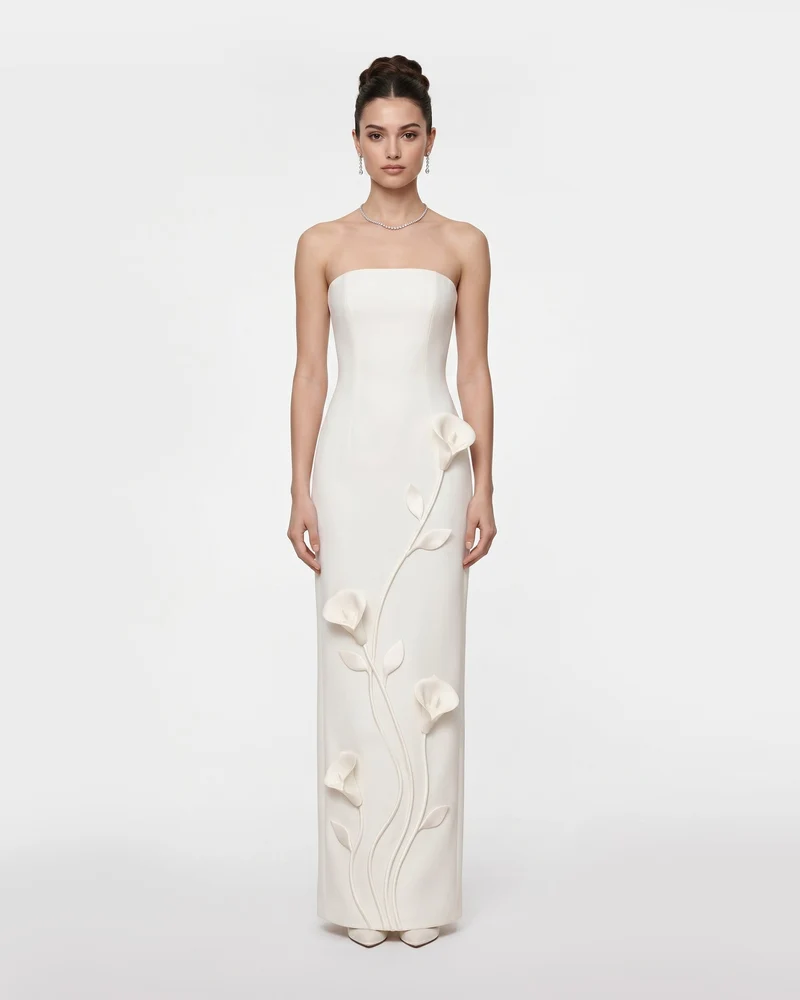 Robe fourreau bustier à application florale - Blanc