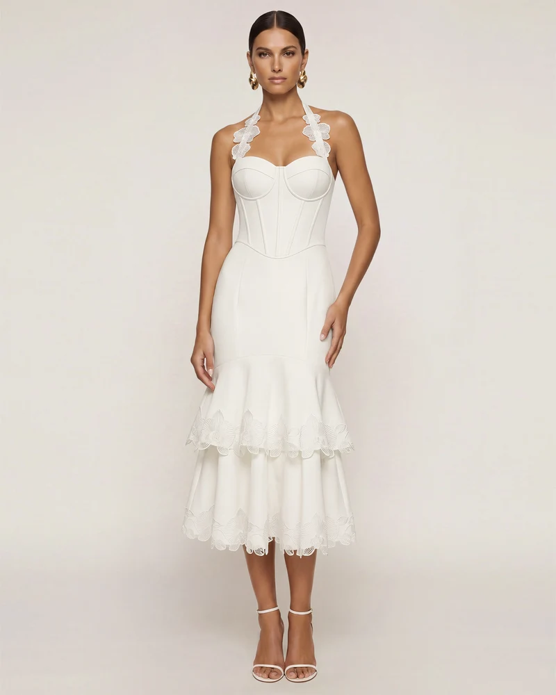 Robe midi corset à dos nu et broderies orchidées - Blanc