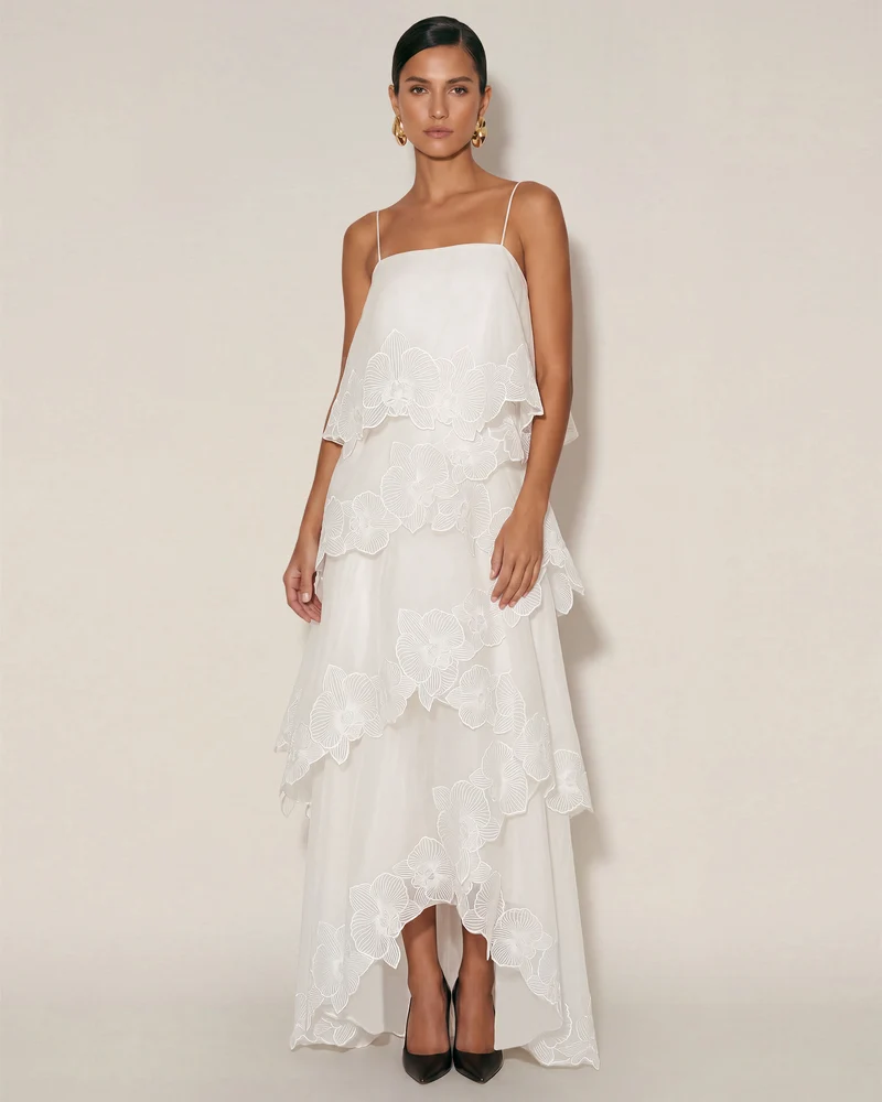 Robe longue superposée à broderies orchidées - Blanc