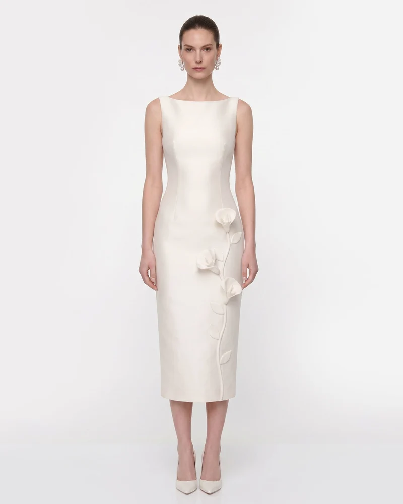 Robe midi sans manches à application florale - Blanc