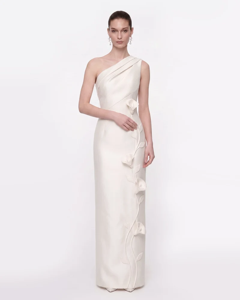 Robe longue asymétrique à application florale - Blanc
