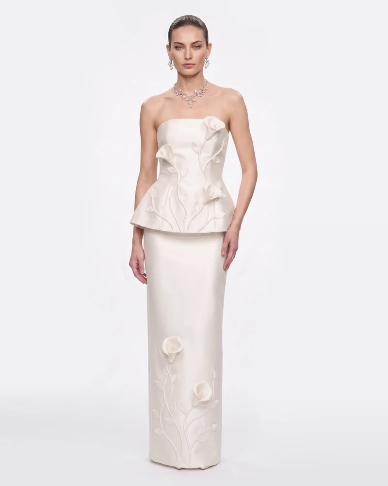 Jupe longue à motifs de vigne et application florale - Blanc