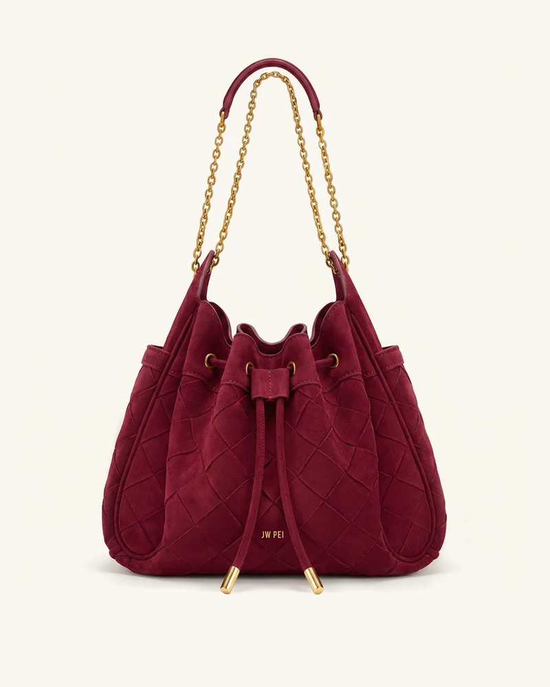 Rowan Sac seau à cordon de serrage froncé en faux daim tressé avec chaîne - Cerise foncé