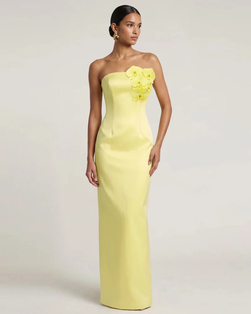 Robe longue bustier ornée d'orchidées - Jaune