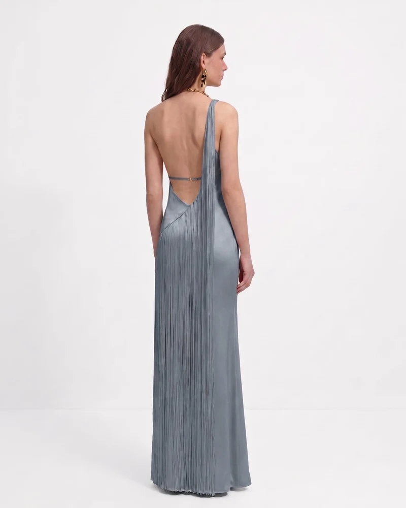 Robe longue asymétrique à franges - Bleu brume
