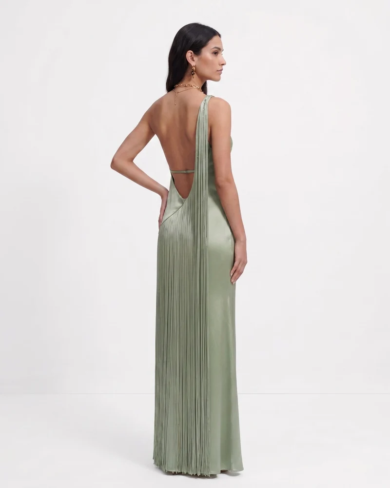 Robe longue asymétrique à franges - Vert sauge