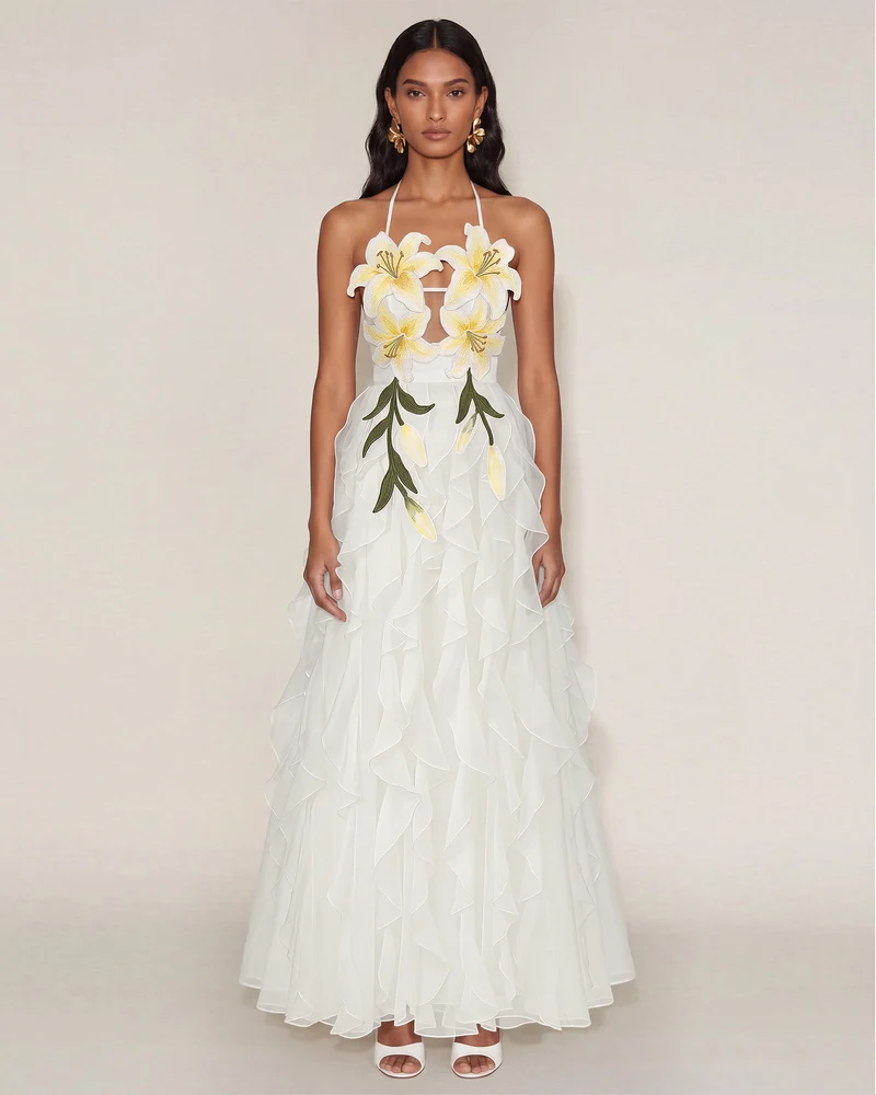 Robe longue à étages, dos nu, brodée de lys - Blanc