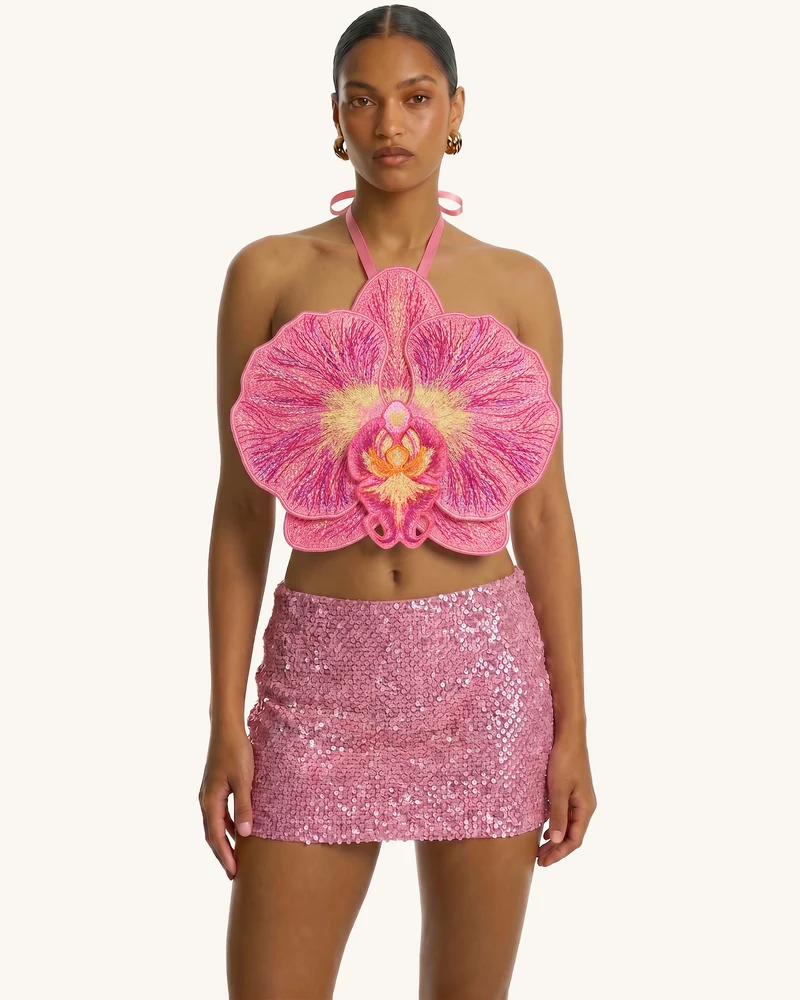 Haut court dos nu à orchidée 3D - Rose