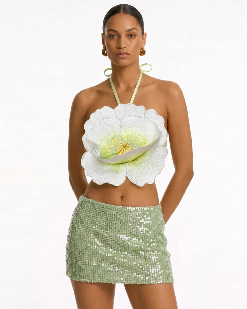 Haut court dos nu à fleurs 3D - Ivoire