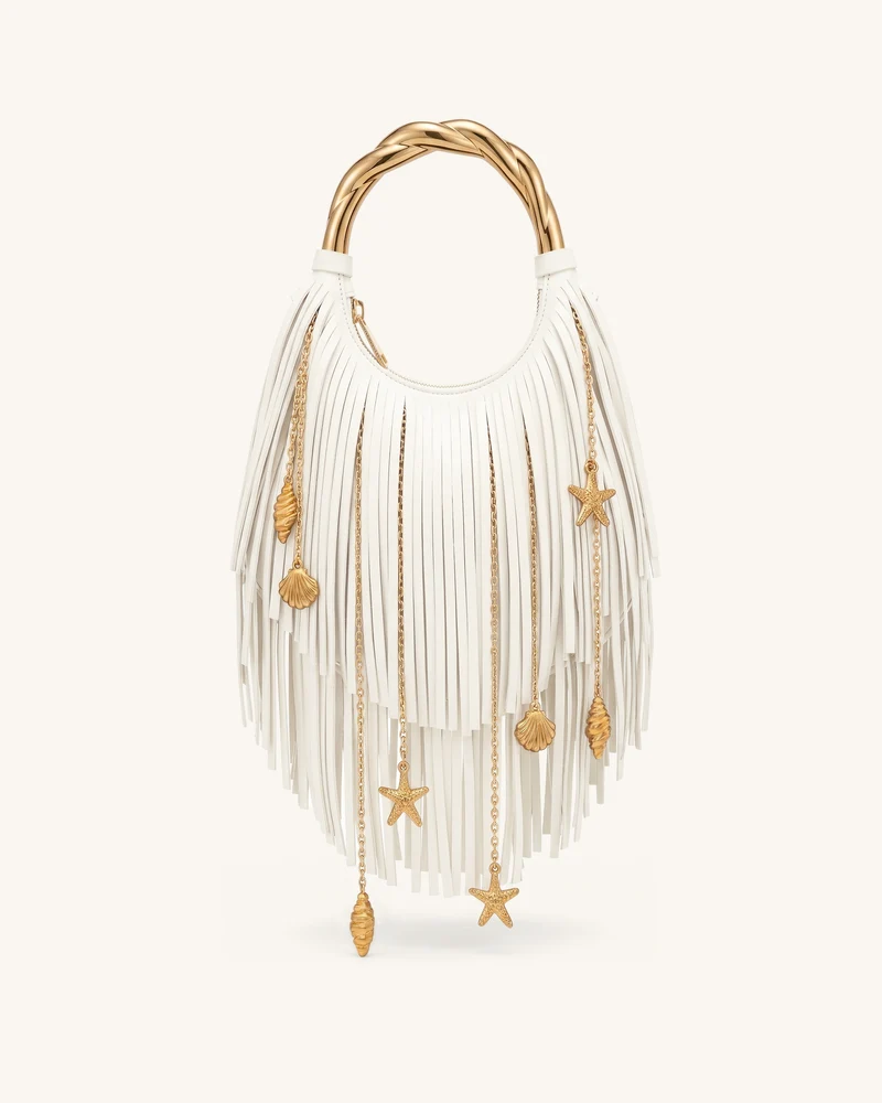 Chloe Sac à main à poignée en métal et franges - Blanc cassé