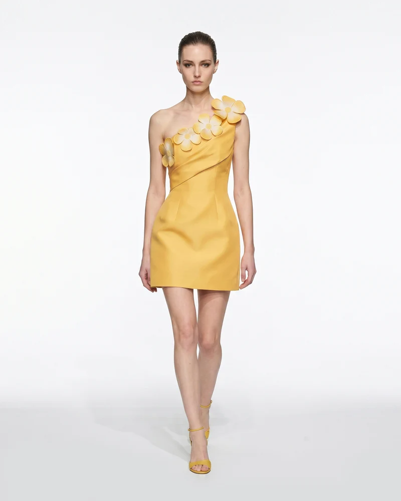 Robe courte asymétrique à applications florales - Jaune
