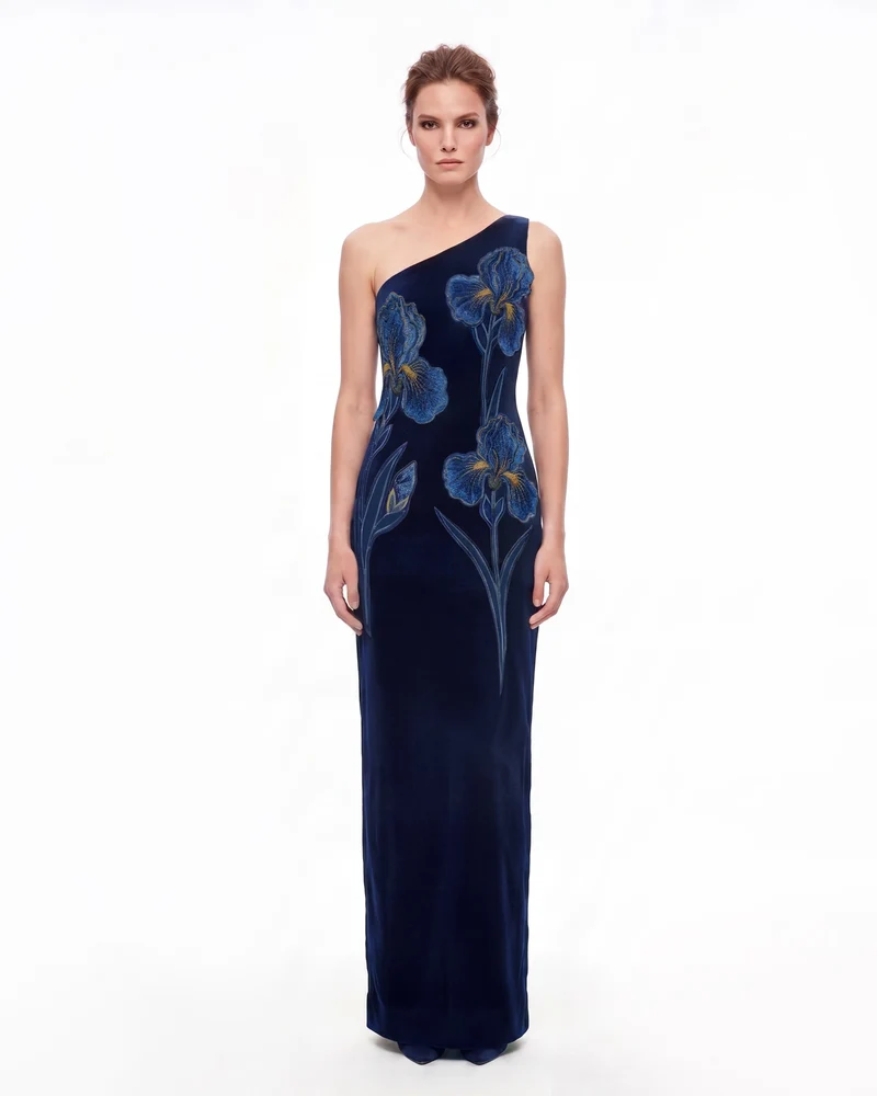 Iris Robe longue en velours brodée asymétrique - Bleu marine