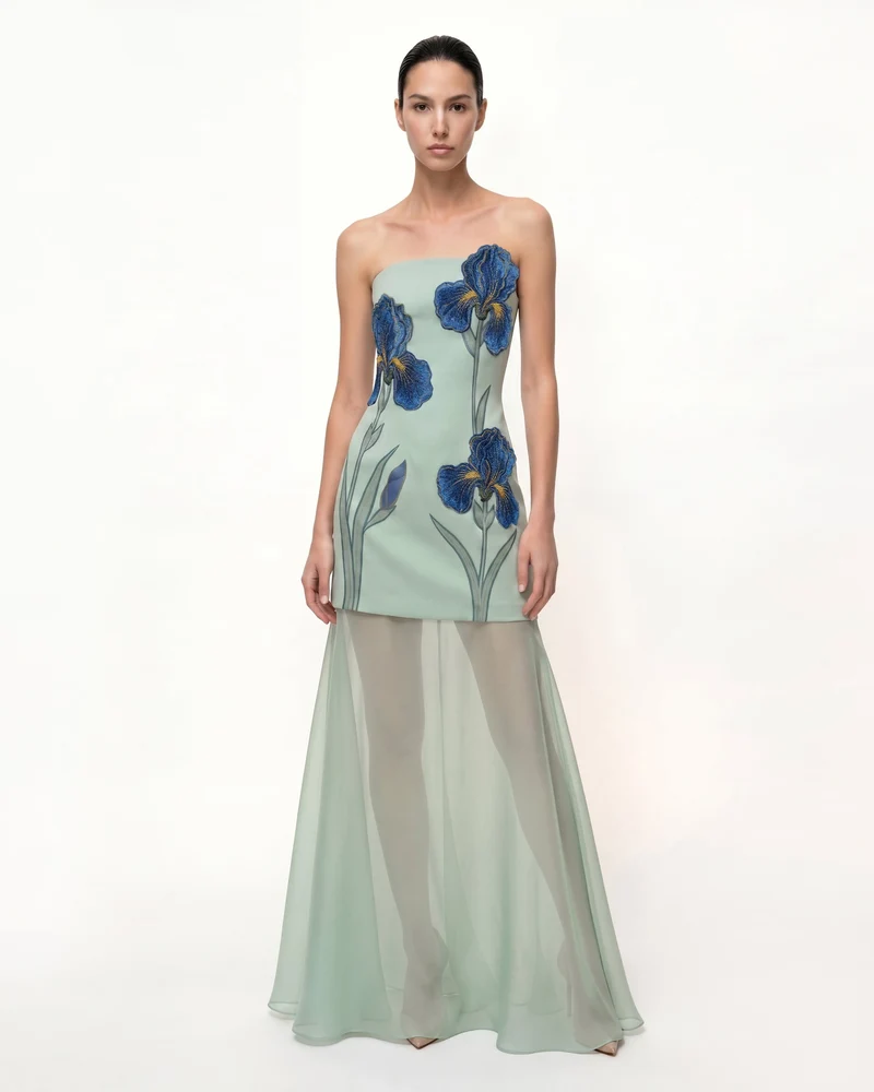 Iris Robe longue bustier brodée avec voile transparent - Vert sauge