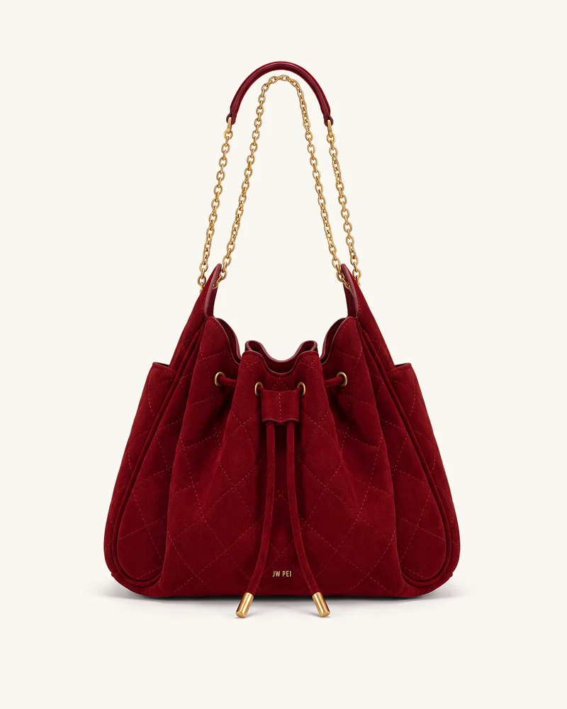Rowan Sac seau matelassé à chaîne en faux suède - Rouge foncé
