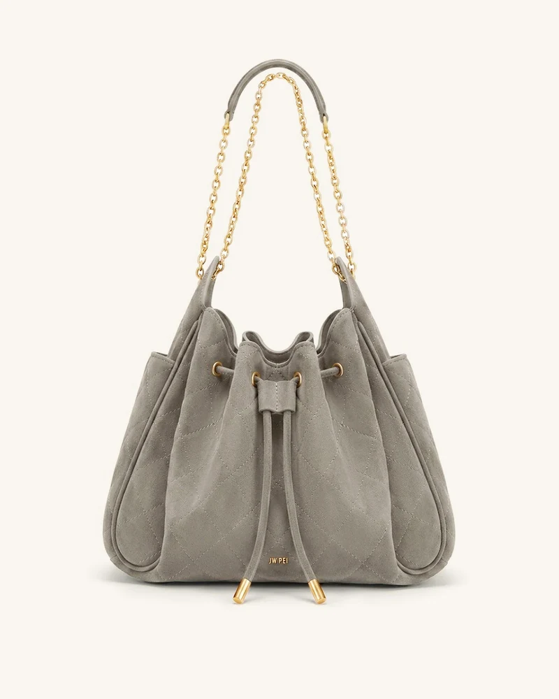 Rowan Sac seau matelassé à chaîne en faux suède - Gris
