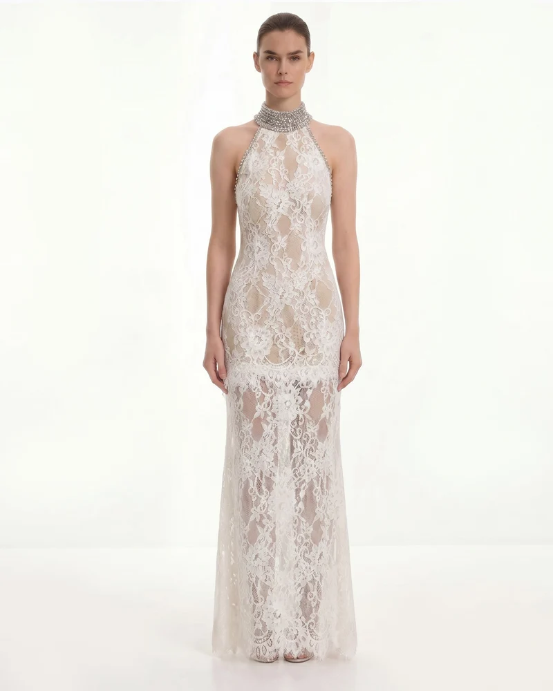 Robe dos nu en dentelle ornée de bijoux - Blanc