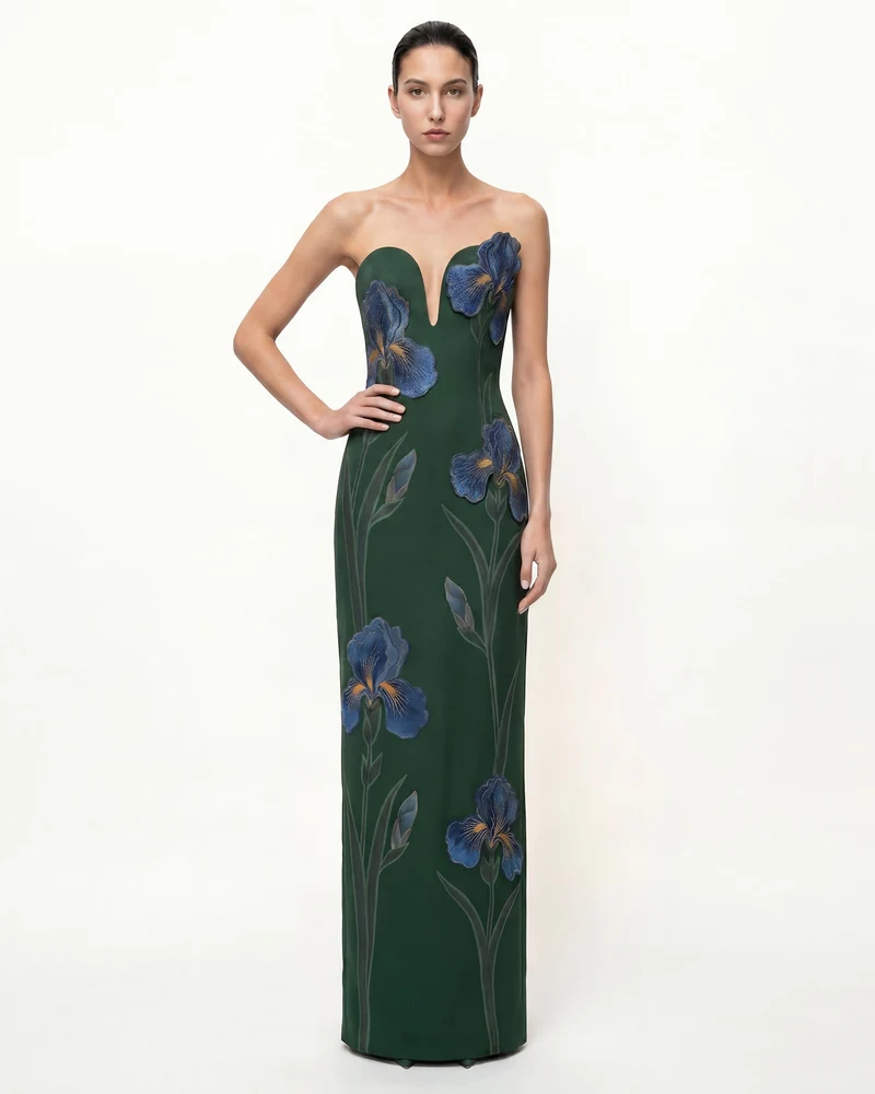 Iris Robe longue bustier brodée à encolure à encoche - Vert émeraude