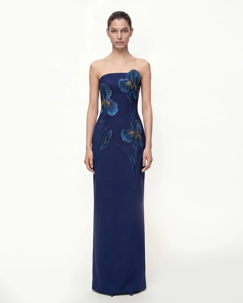 Iris Robe longue bustier brodée - Bleu marine
