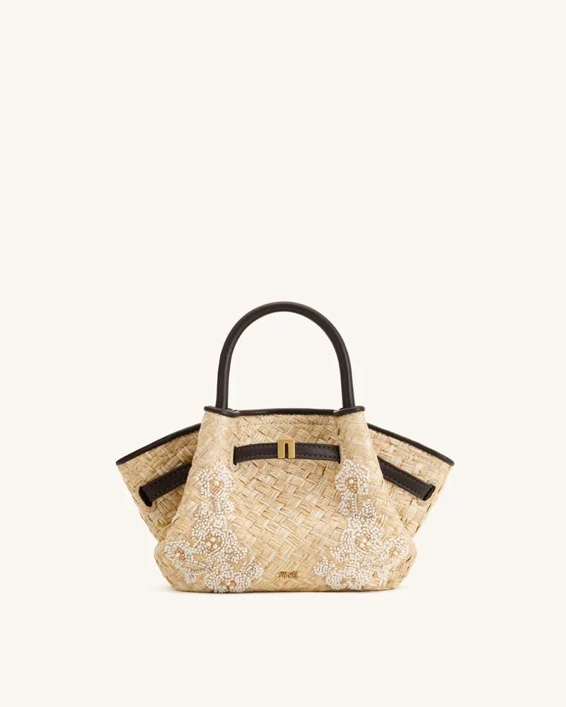 Mini sac cabas en fausse paille orné de perles Hana - Marron