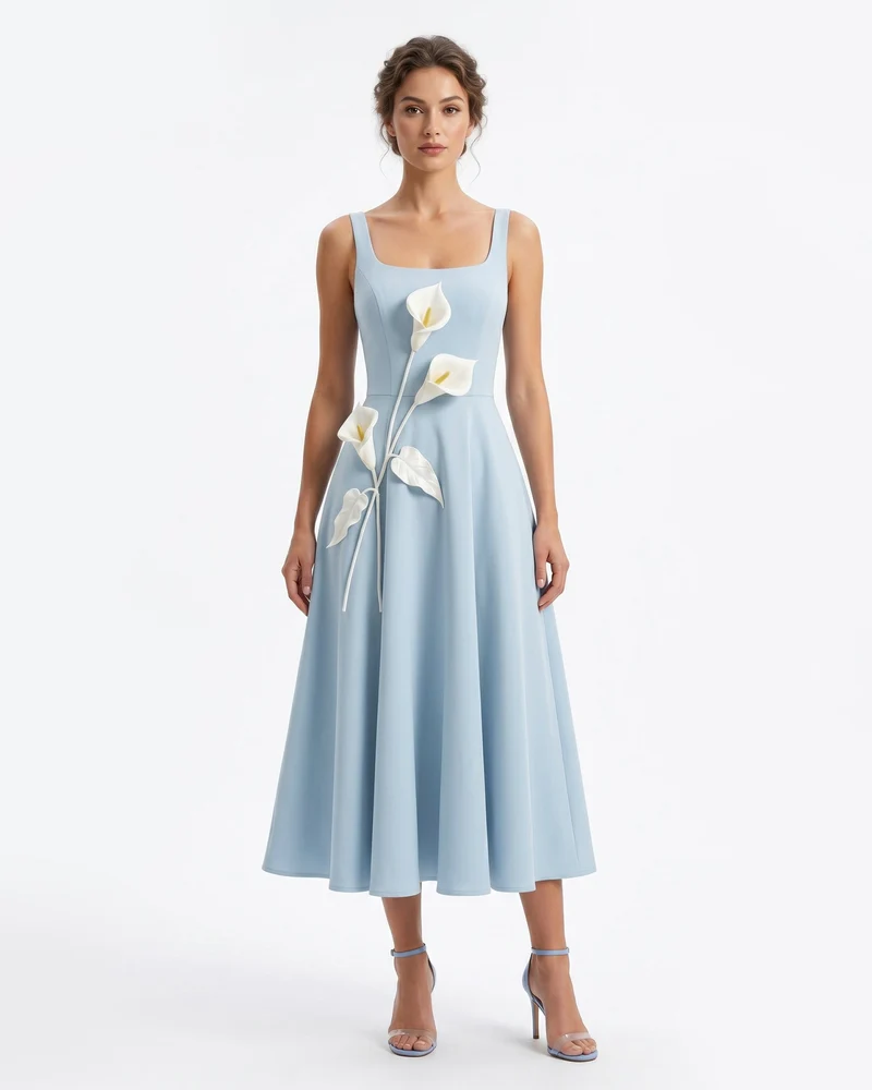 Robe midi à encolure carrée et appliqués floraux - Bleu clair