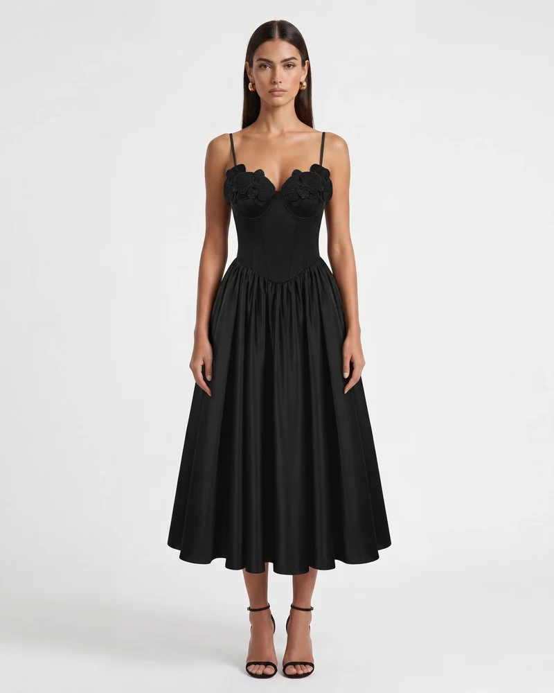 Robe longue corset à appliqué brodé orchidée - Noir