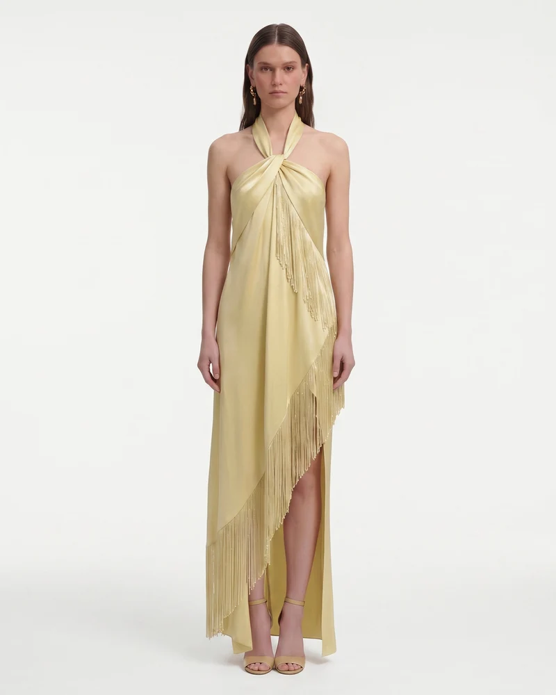 Robe longue en satin drapé à dos nu et franges - Champagne