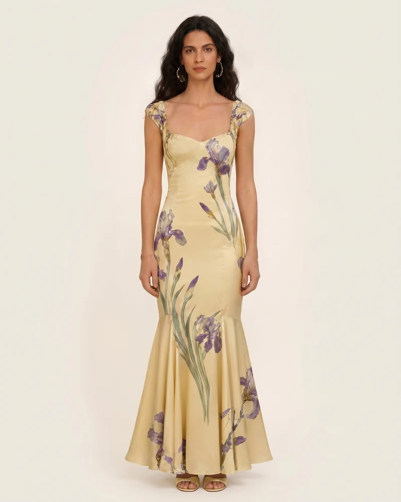 Iris Robe longue sirène imprimée en satin - Jaune pâle