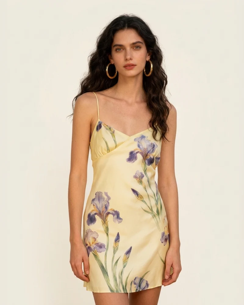 Iris Robe courte nuisette imprimée en satin - Jaune pâle