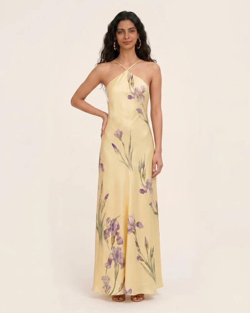 Iris Robe longue imprimée dos nu croisé et dos ouvert - Jaune
