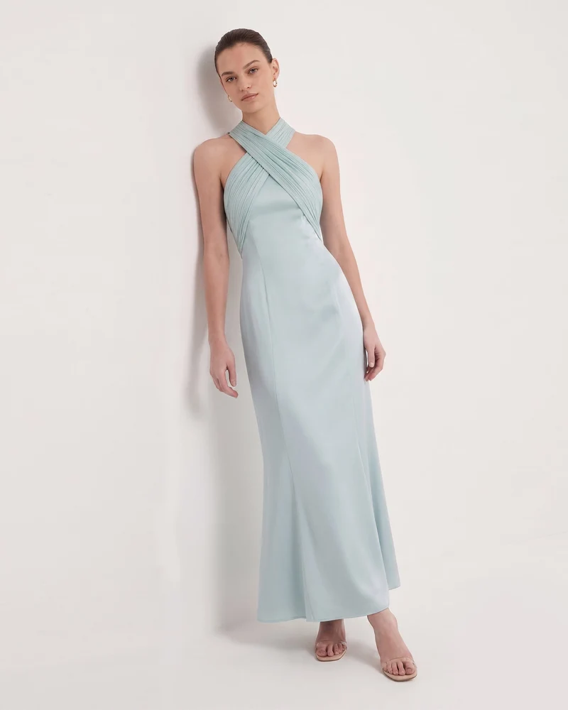 Robe longue dos nu croisé en satin plissé - Bleu poudré