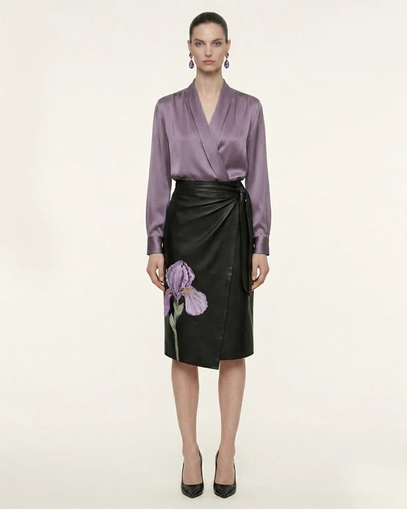 Blouse à manches longues en satin à col en V cache-cœur - Mauve poudré