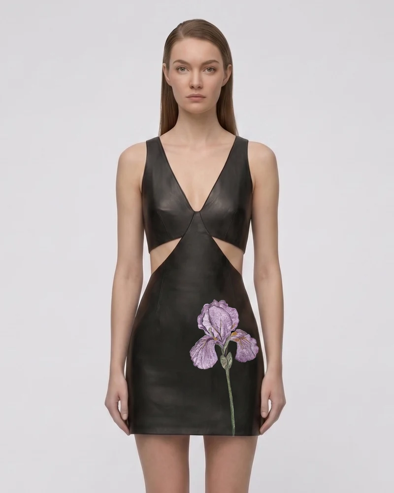 Iris Mini robe moulante en cuir avec découpes florales - Noir