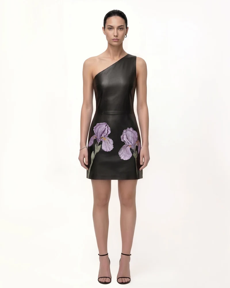 Iris Mini robe en cuir à une épaule et imprimé floral - Noir