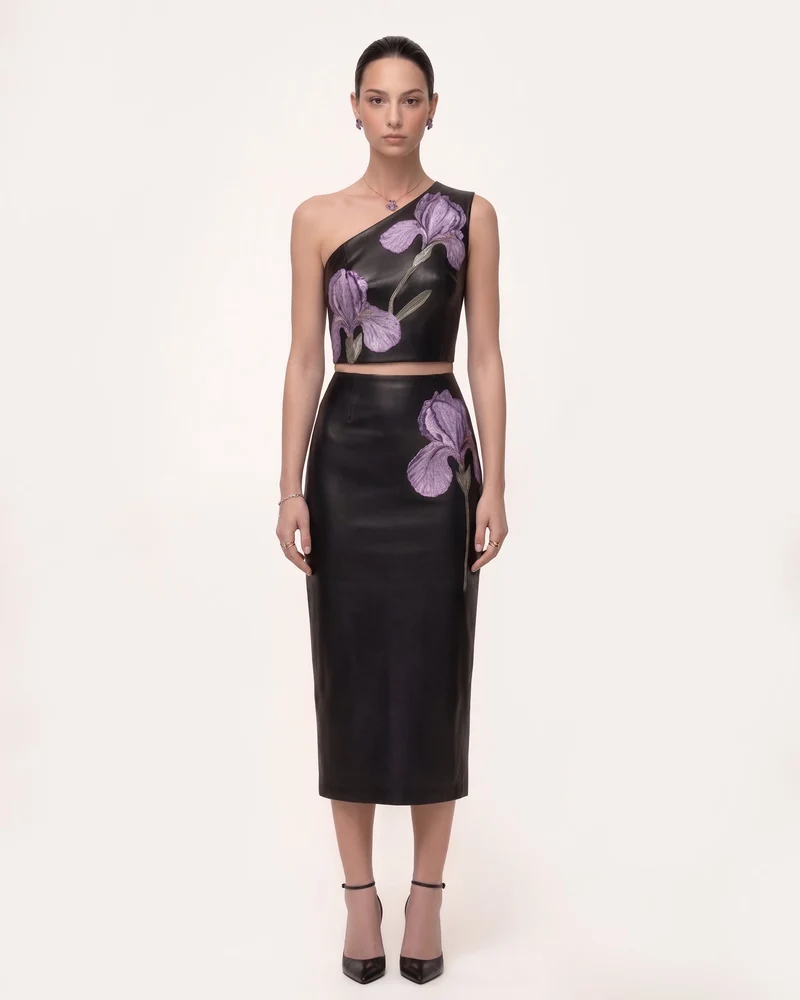 Iris Jupe crayon mi-longue en cuir taille haute à imprimé floral - Noir