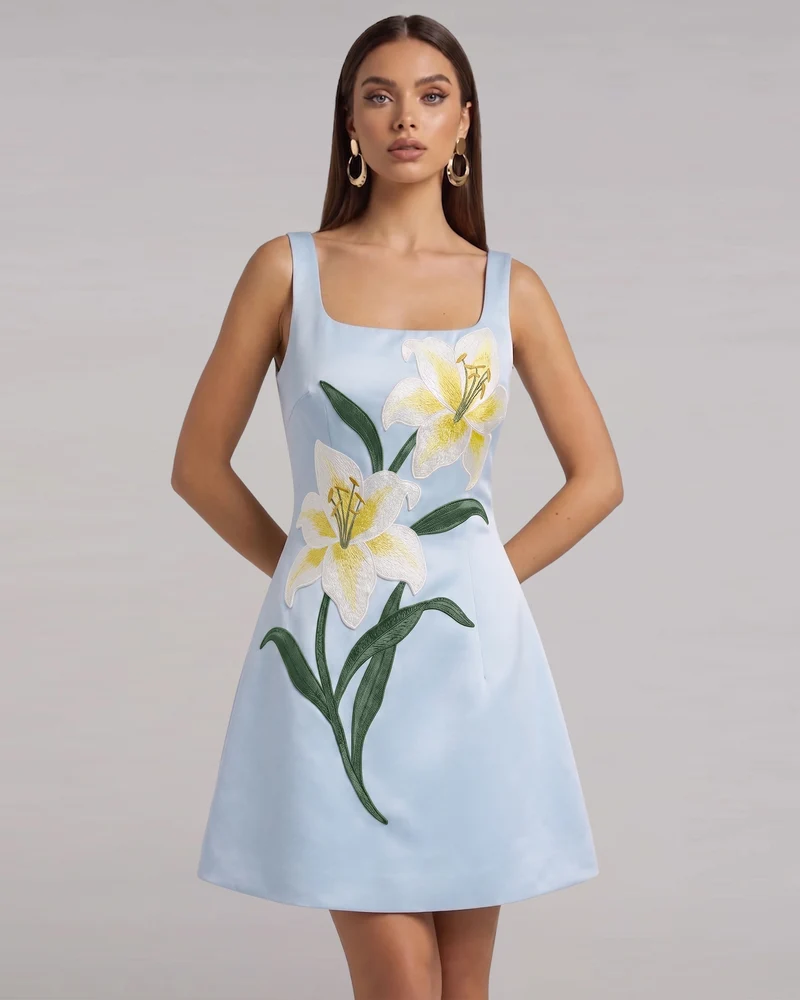 Lily Mini robe trapèze sans manches à imprimé floral - Bleu clair
