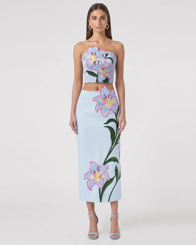 Lily Jupe crayon mi-longue taille haute brodée de fleurs - Bleu clair