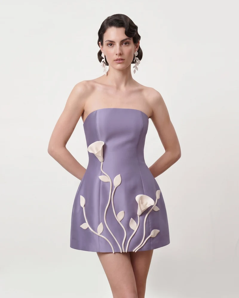 Mini robe bustier à fleurs 3D - Violet