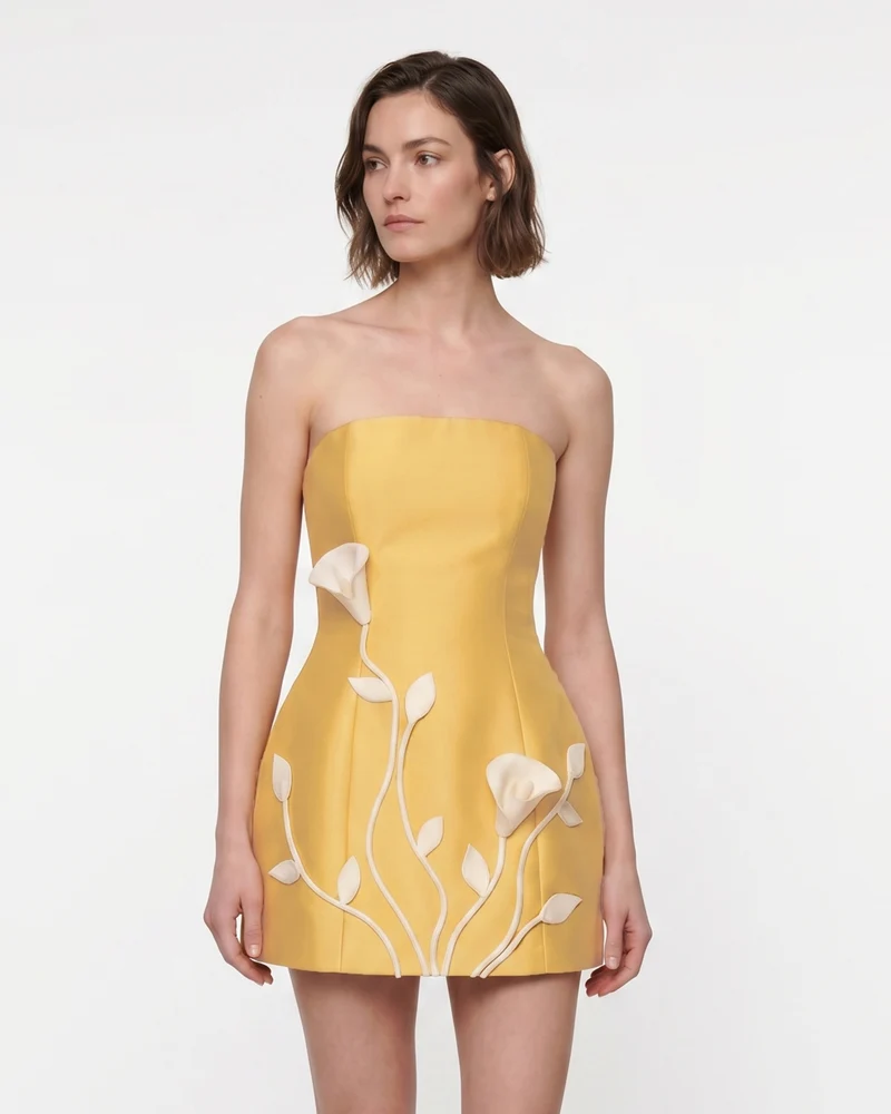 Mini robe bustier à fleurs 3D - Jaune citron