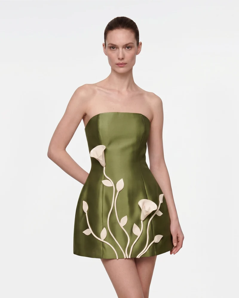 Mini robe bustier à fleurs 3D - Vert olive