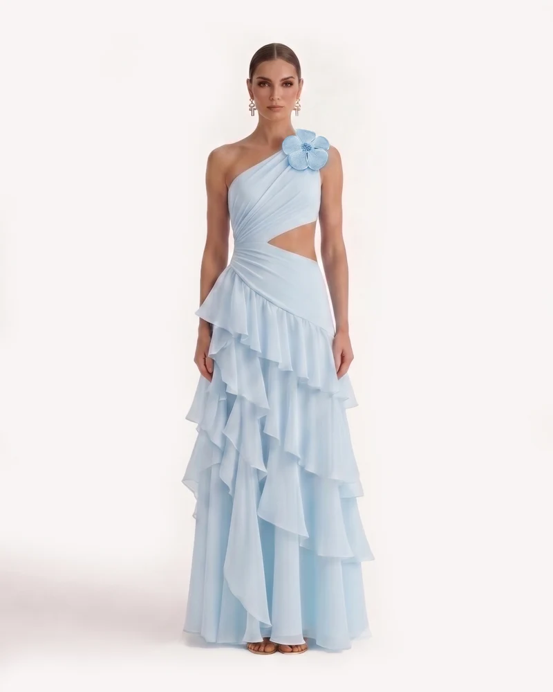 Robe longue en mousseline à volants et découpes à une épaule - Bleu