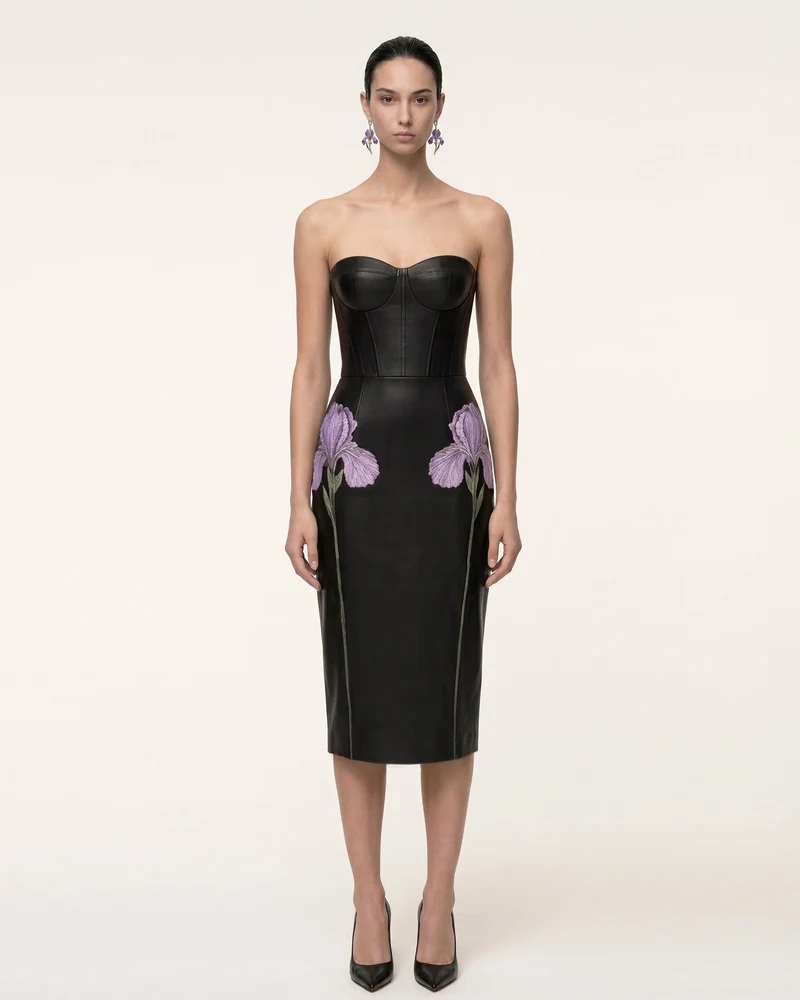 Iris Robe midi corset en cuir à imprimé floral - Noir
