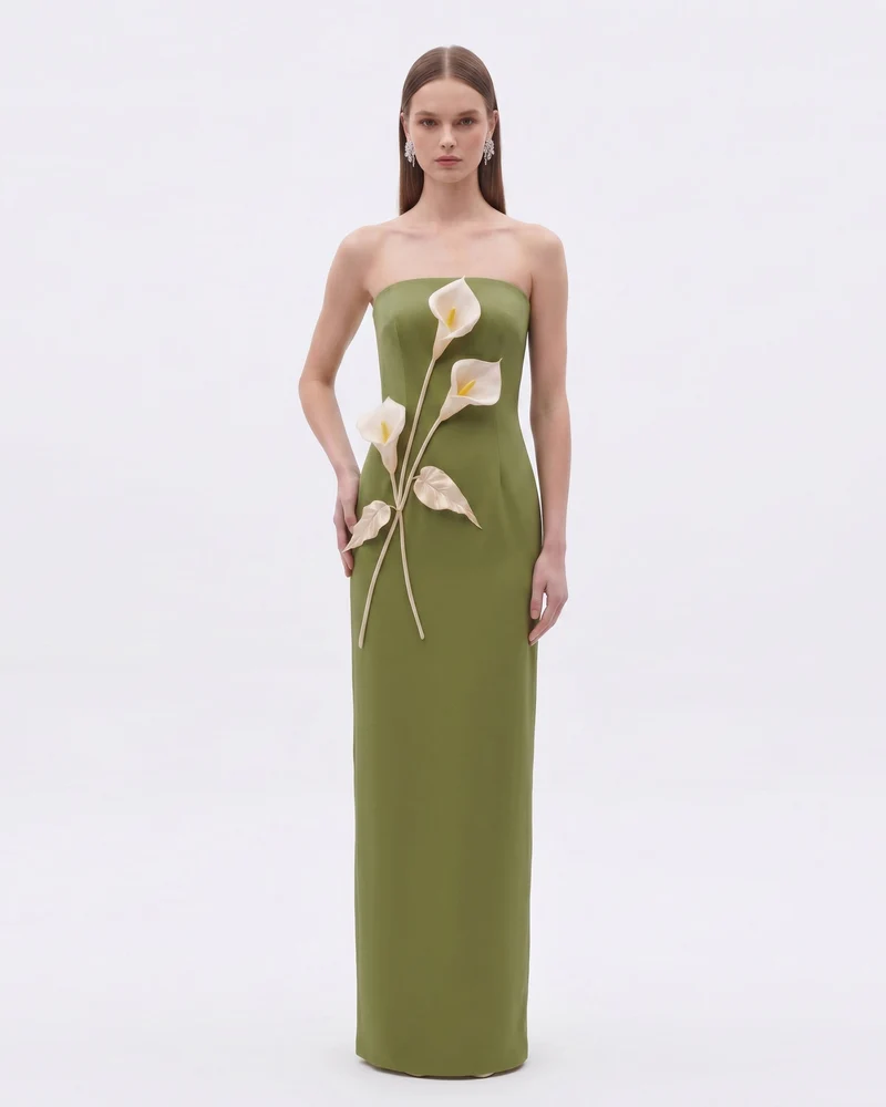 Robe bustier à appliqués floraux - Vert olive