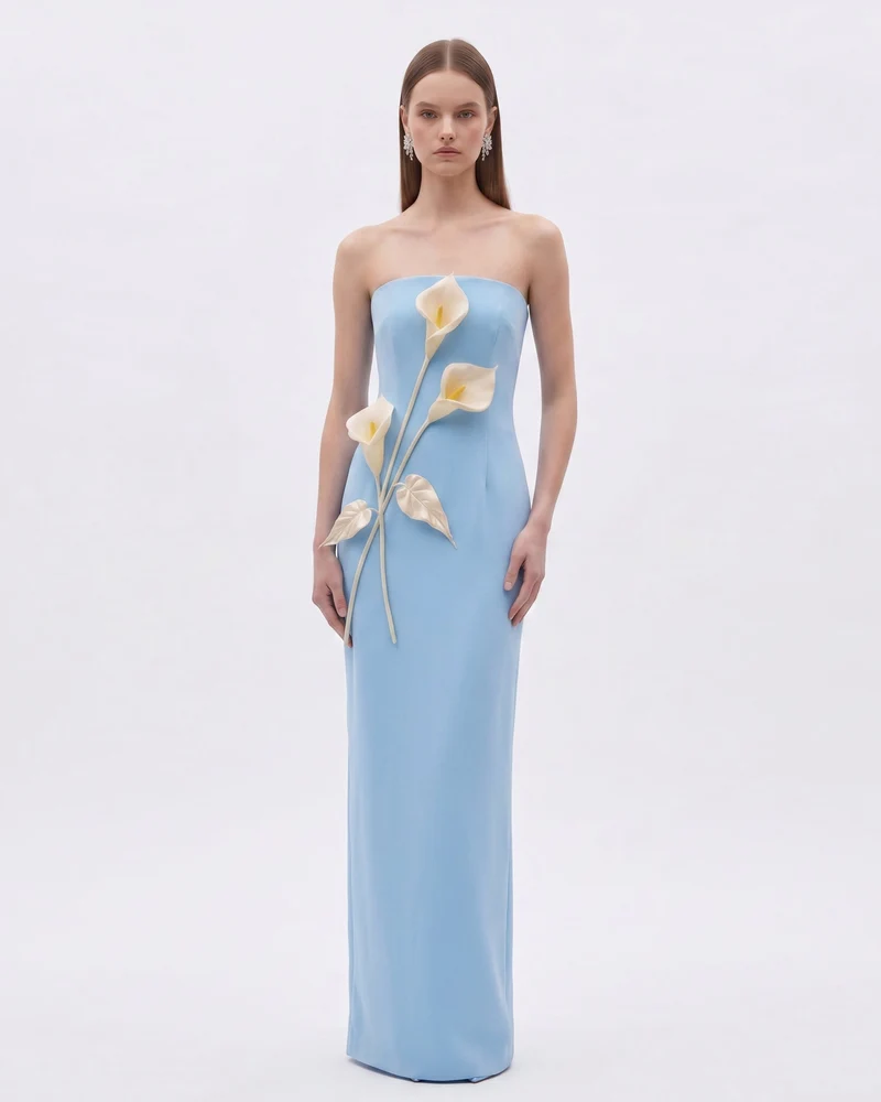 Robe bustier à appliqués floraux - Bleu clair