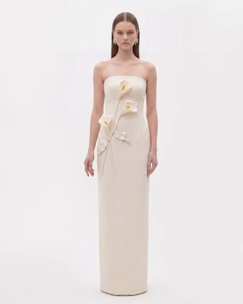 Robe bustier à appliqués floraux - Ivoire crème